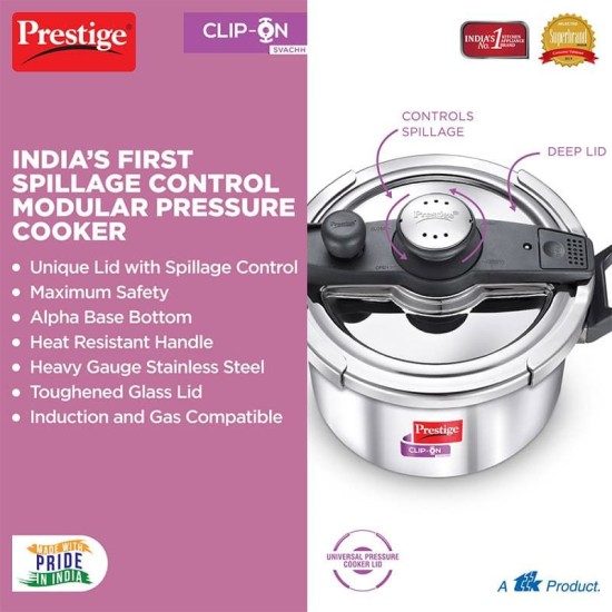Prestige Clip-On Stainless Steel Svachh Cooker 5 Litres Prestige Clip-On Stainless Steel Svachh Cooker 5 Litres